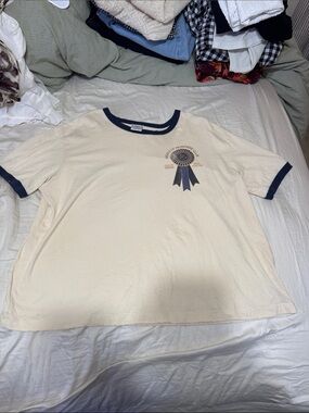 Lee Cream Ringer Tee with Navy Trim and Ribbon Graphic